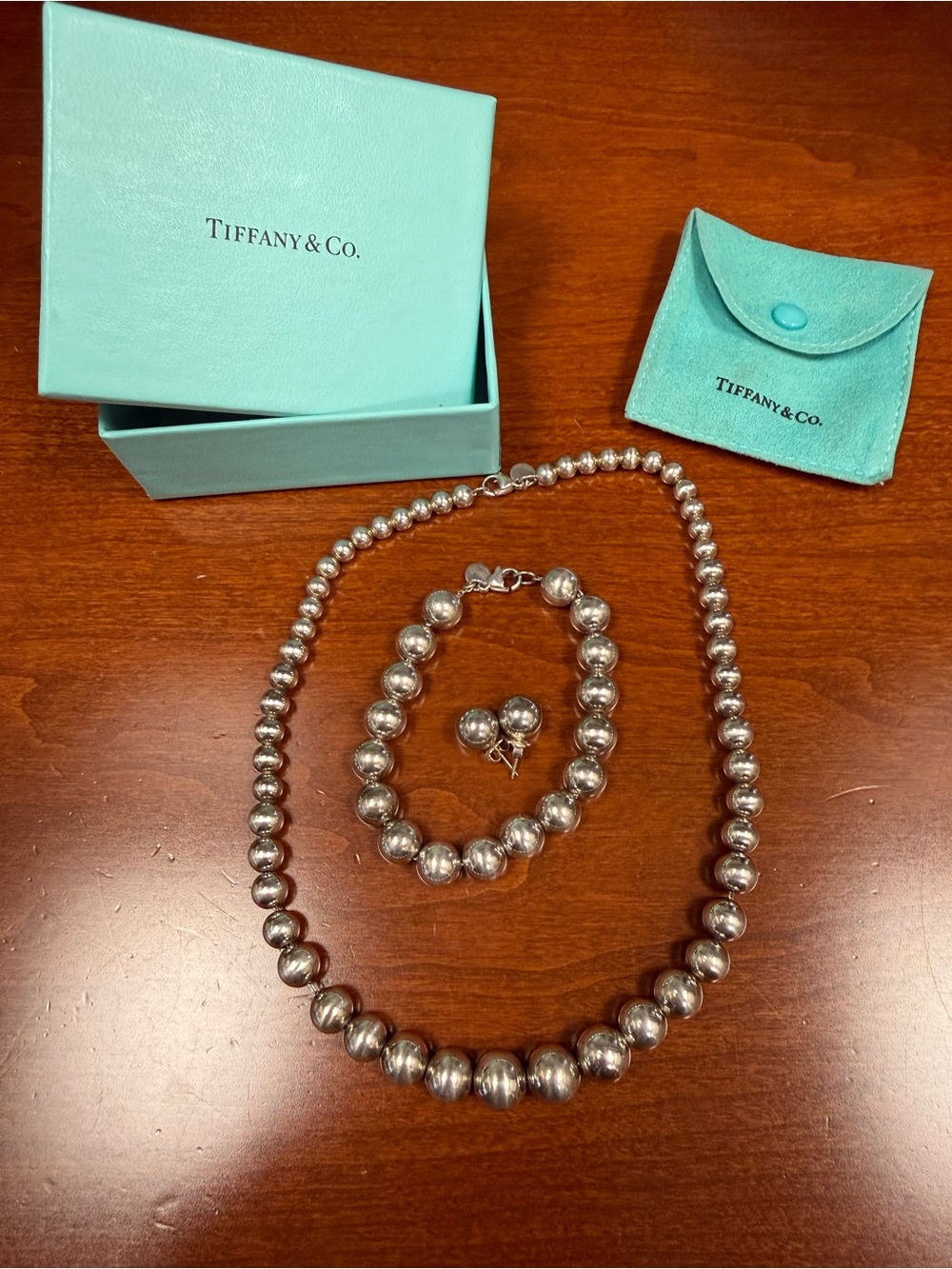 Tiffany & Co. Silver Bead Necklace, Bracelet & Stud Earrings Set